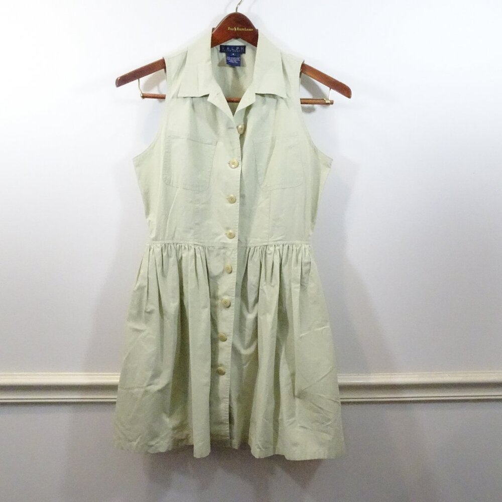 Vintage RALPH Ralph Lauren Dress 6 Khaki Cotton Sleeveless Shirt Dress Trad Wife